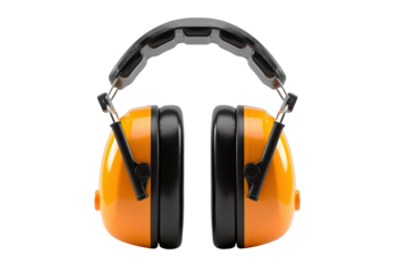 Bright Orange Hearing Protection Earmuffs Highlighting Safety in Industrial Work Environments During Daylight Hours on Transparent PNG Background..