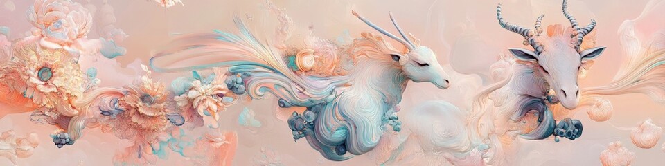 Fototapeta premium Enchanting Zodiac Animal Party: Whimsical Greeting Card Design with Futuristic Flair. Elegant Geometric and Floral Backgrounds Showcase Twelve Stylized Creatures in Soft, Dreamy Hues. Creative Marketi