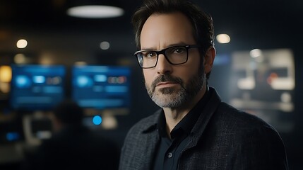 Fototapeta premium Confident Middle-Eastern man in glasses, dressed in a dark blazer, stands against a technology backdrop, exuding a sense of authority and intelligence.