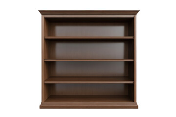 Empty brown wooden bookshelf with four shelves, ready for organizing books, decorative items, or storage in any room.