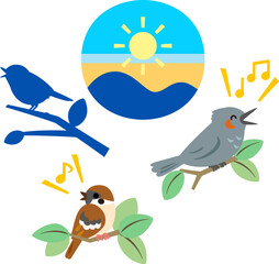早朝に鳴く小鳥のデフォルメイラスト