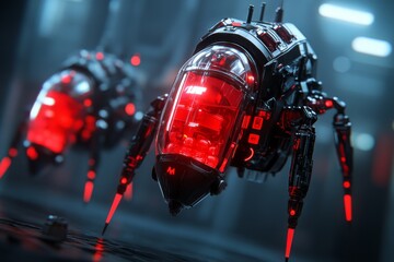 Obraz premium Robotic Surveillance Drone with Red Illumination Scanning its Environment Highlighting Security and Monitoring Technologies.