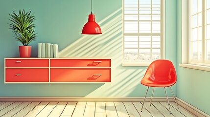 Bright and modern interior with a vibrant red accent cabinet, green plant, and a stylish red chair, illuminated by soft sunlight streaming through the window.