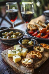 Enjoy a delightful assortment of tapas on a wooden serving board