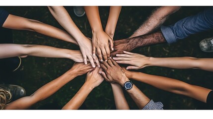 Diverse hands join together in unity, symbolizing collaboration and friendship among individuals of different backgrounds.