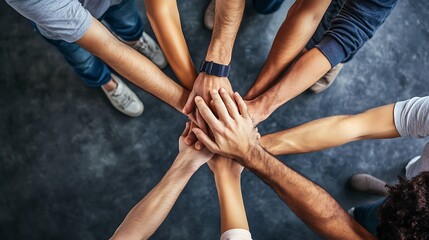 A diverse group of hands, including different skin tones and genders, join together in a gesture of teamwork and collaboration.