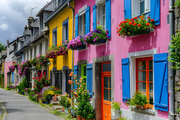 Fototapeta premium Colorful European Townhouses with Flower Boxes - Photo