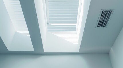 Sleek skylights allow streams of natural light to fill an ultra-modern and pristine white interior.