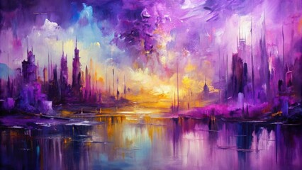 Obraz premium A City in the Clouds Oil on Canvas, Purple and Yellow Hues, Abstract Urban Dreamscape, Urban Art, Modern Art, Cityscape, Fantasy Art