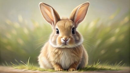 Fototapeta premium A Curious Bunny in a Field of Green - Digital Painting, Portrait, Close-up, Bunny, Rabbit, Animal, Nature