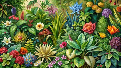 Fototapeta premium A Lush Tapestry of Tropical Blooms Oil Painting of a Vibrant Garden - Botanical Art, Tropical Flowers, Oil Painting, Nature, Garden Art, Flower Painting, Green