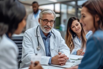 A doctor sits at a table, talking to a group of patients. They discuss medical concerns in a professional and friendly setting.