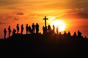 Silhouette sunset with Christianity people who believe in Jesus and God