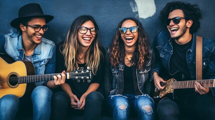 Obraz premium Four young adults of mixed ethnicities laughing together, playing acoustic and electric guitars, creating a joyful and vibrant musical moment.
