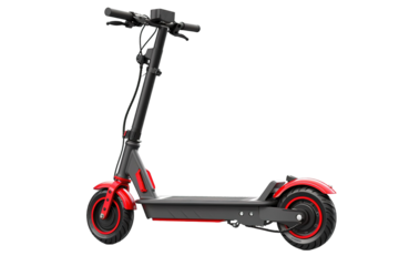 A Vibrant Red Electric Scooter Ready for Adventure in a Bustling Urban Environment on Transparent PNG Background..