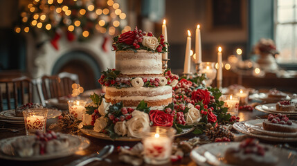 Christmas Cake, Berries, Roses, Red Decor, Festive