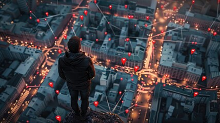 A man standing on a city map with red pins and location markers, in the style of illustration, top view, vector design, highly detailed