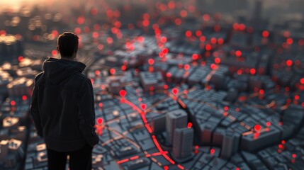 A man standing on a city map with red pins and location markers, in the style of illustration, top view, vector design, highly detailed