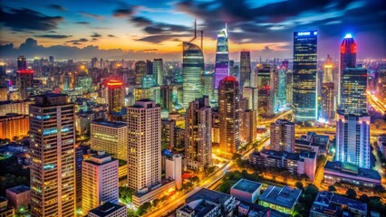 Aerial View of a Cityscape at Night with Skyscrapers and a Sunset Sky This incorporates the perspective, composition details, image details, and concept of the image.