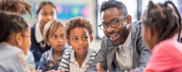 A teacher engaging students in a lively discussion focus on, interaction, vibrant, composite, schoolroom backdrop