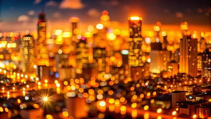 Aerial View of Cityscape with Blurry Lights - Nighttime Photography, Bokeh, Urban Landscape, City Lights, Golden Hour, Abstract, Background