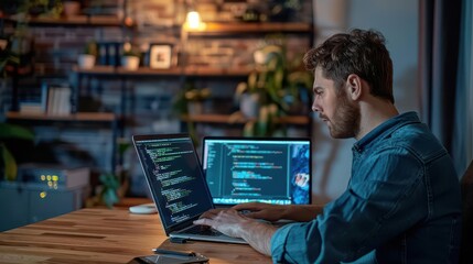 A web developer coding on a laptop in a cozy workspace close up, focus, realistic, overlay, home office backdrop