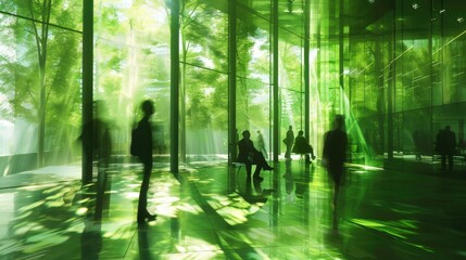 Blurred background of people walking in a modern office building with green trees and sunlight , eco friendly and ecological responsible business concept image with copy space
