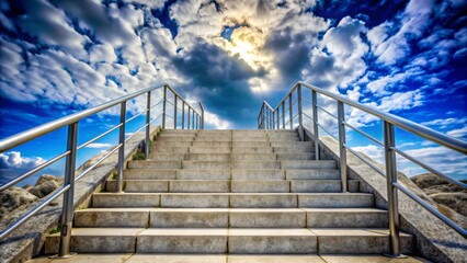 Obraz premium Ascending to Heaven Concrete Steps and a Railing Leading to a Sunlit Sky, Digital Art, Cloudy Day, Hope, Faith, Aspiration, Determination