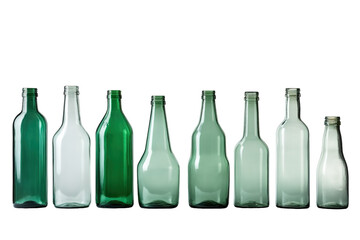 A Beautiful Display of Clear and Green Glass Bottles Lined Up in Gradual Transition Against a Bright Background on Transparent PNG Background..