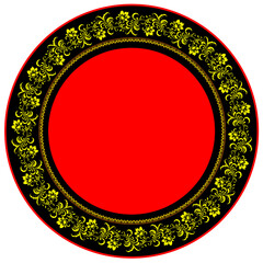 Traditional Russian Ornament. Template Hohloma in red, gold colors, floral border in traditional Old Russian style.Traditional Russian folk style hohloma, folk motif. Vector twig, flower. Round frame