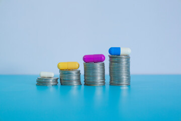 Colorful capsules are on growth coin stack symbolizing health insurance, medical expenses and medicine, finance, saving money, business, Financial and medical. Medicine Scattered on pile of coins.