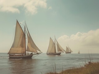 Fototapeta premium Yachts sail across calm waters during a serene afternoon, showcasing graceful movements against a picturesque sky