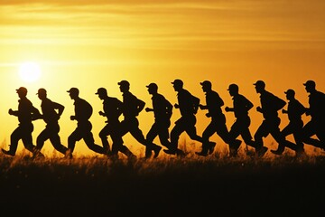 Obraz premium silhouette of a group of people running sports on the field. with a sunset background
