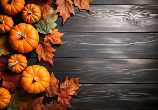 Flatlay Autumn Pumpkin Border Wooden Baackground Mockup With Generative AI