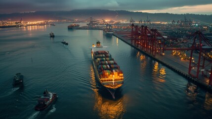 Naklejka premium A large cargo ship sailing into a brightly lit port at dusk, surrounded by smaller boats and majestic cranes against a backdrop of glowing city lights.