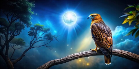 of a Garuda bird perched on a tree branch at night , Garuda, bird, tree, branch, night,fantasy, mystical, creature, mythology © somsak