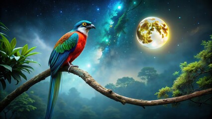 of a Garuda bird perched on a tree branch at night , Garuda, bird, tree, branch, night,fantasy, mystical, creature, mythology