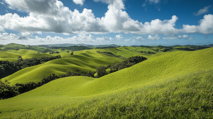 Obraz premium Lush green meadows dotted with rolling hills stretch towards a vast blue sky adorned with fluffy white clouds. --ar 16:9 --v 6.1 Job ID: a3bb37b3-e98b-4d90-a0ab-f7230284731d