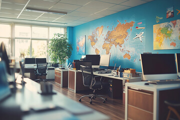 Modern travel agency office with desks, computers, and world maps on the wall