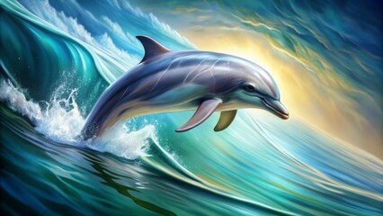 Dolphin Leaping Through a Wave at Sunset - Digital Painting, Ocean, Water, Blue, Green, Wildlife, Mammal