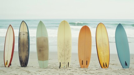 A row of seven colorful surfboards stands upright on a sandy beach, facing the calm waves of the ocean under a cloudy sky.