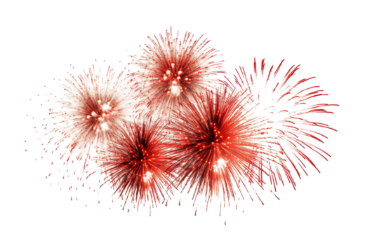 Celebration Illuminated by Vibrant Red Fireworks Bursting in the Night Sky on Transparent PNG Background..