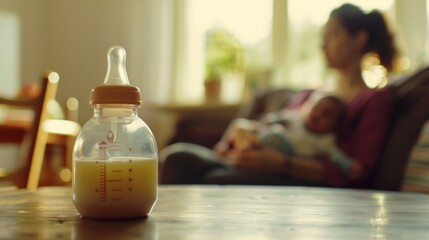 A baby bottle filled with milk sits in the foreground, with an out-of-focus mother cradling her baby in the background.