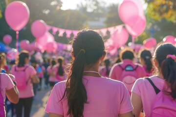 Participants in a community event wearing pink shirts walk together under decorations and balloons in the afternoon sun