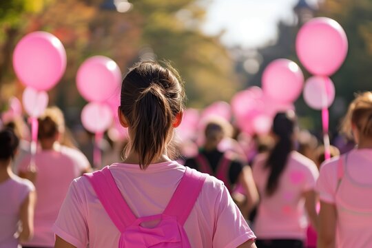 Community event with participants in pink shirts walking together and carrying balloons in the park on a sunny day
