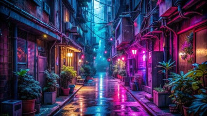 Fototapeta premium Neon Alleyway A Cyberpunk Perspective - Wet Streets, Vibrant Lights, and Moody Atmosphere. - Cyberpunk Cityscape, Neon Lights, Urban Photography, Night Photography, Digital Art