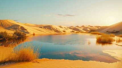 Fototapeta premium A serene desert oasis surrounded by golden dunes under a stunning, warm sunset, depicting a tranquil and picturesque landscape.