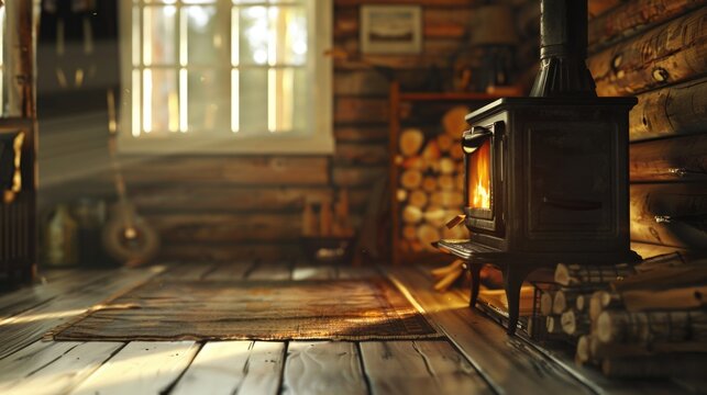 A cozy wood burning stove in a rustic log cabin interior