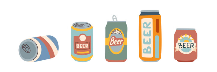 Set of beer cans isolated on white background. Oktoberfest concept. Drinks concept. Holiday concept.