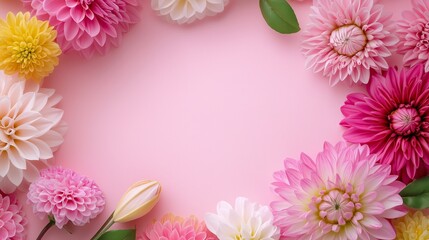 A pink and yellow flower arrangement with a pink background